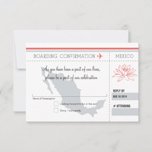 Korallen und Grauer UAWG Boarding Pass to MEXICO RSVP Karte (Vorderseite)