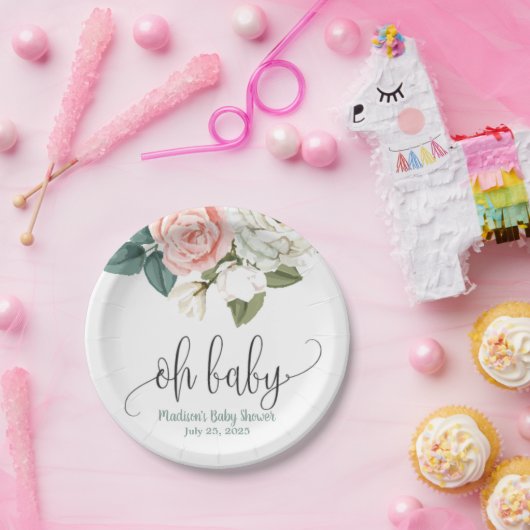 Korallen und Green Oh Baby Blumenpapier Plakat Pappteller (Party)