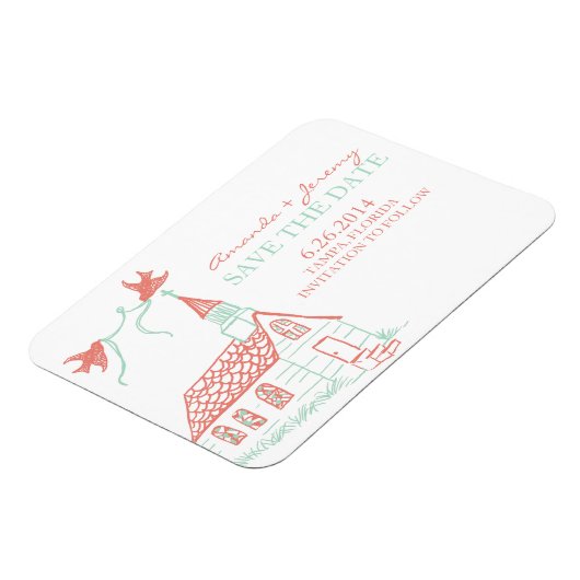 Korallen- und Kapellhochzeit speichern das Datum Magnet (Linke Seite)