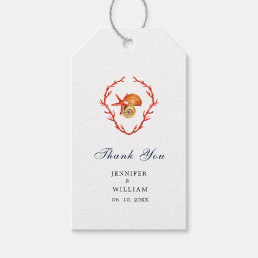 Korallen und Muscheln Hochzeitsmarken Strand Geschenkanhänger (Vorderseite)