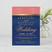 Korallen- und Navy-Blau mit Gold Hearts - Custom Einladung (Stehend Vorderseite)