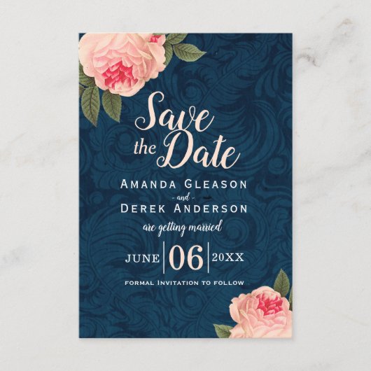 Korallen- und Navy-Blue-Shabby Chic Save the Date (Vorderseite)