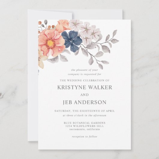 Korallen- und Navy-Blume | Elegant Botanical Einladung (Vorderseite)