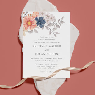Korallen- und Navy-Blume Elegante botanische Ein Einladung