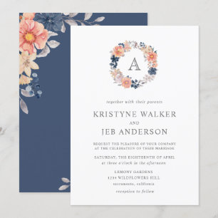 Korallen- und Navy-Blume   Monogramm Watercolor We Einladung