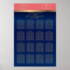 Korallen- und Navy-Gold-Herzen - 16 Seating-Chart Poster