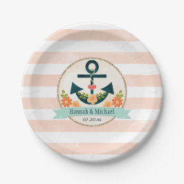 Korallen- und Navy-Nautical-Anchor-Polterabend Pappteller