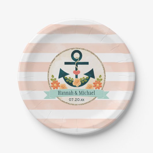Korallen- und Navy-Nautical-Anchor-Polterabend Pappteller (Vorderseite)
