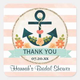 Korallen und Navy Nautical Floral Anchor Vielen Da Quadratischer Aufkleber
