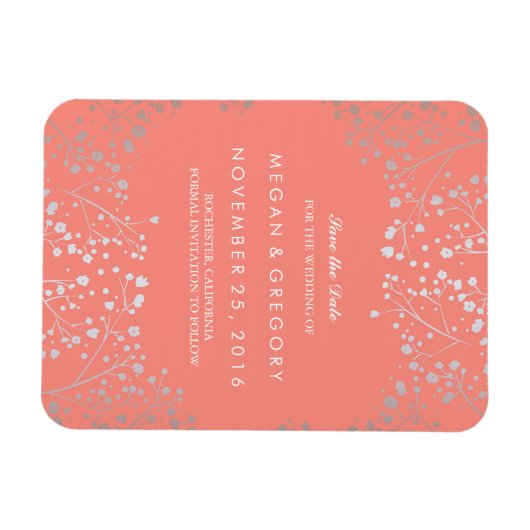 Korallen und Silberes Gipskraut Save the Date Magnet (Horizontal)