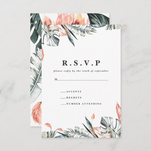 Korallen- und Tropenblättertraum R.S.V.P RSVP Karte (Vorne/Hinten)