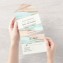 Korallen und Türkis Alkohol Tinte Agate Hochzeit All In One Einladung