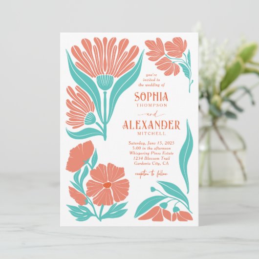Korallen und Türkis Boho Retro Hochzeit Einladung (Stehend Vorderseite)