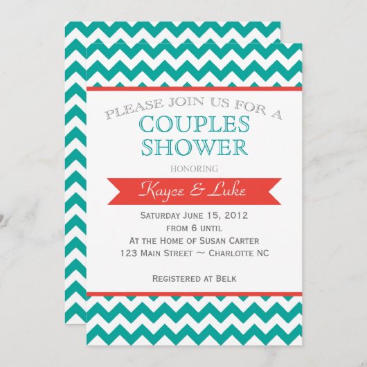 Korallen und türkisfarbene Zickzack Dusche Einladu Einladung (Vorne/Hinten)