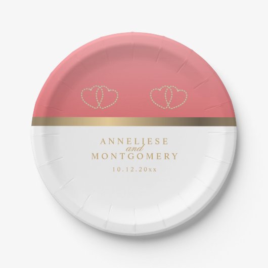 Korallen und Weiß mit goldenen Herzen Pappteller (Vorderseite)