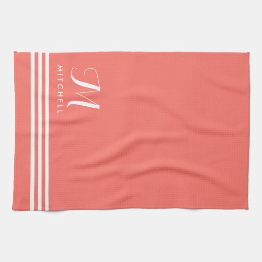 Korallen und Weiße Streifen und Monogramm Geschirrtuch (Horizontal)