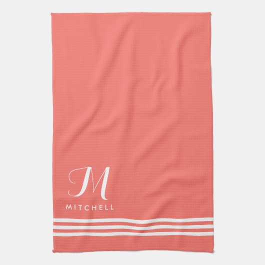 Korallen und Weiße Streifen und Monogramm Geschirrtuch (Vertikal)