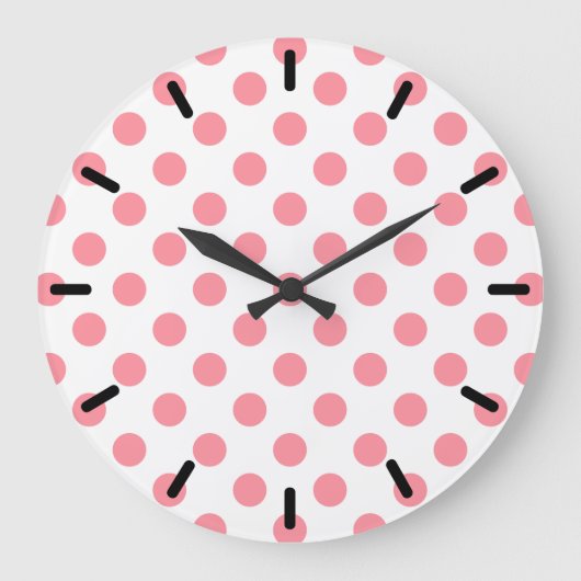 Korallen- und Weißpolka-Punkte Große Wanduhr (Vorderseite)