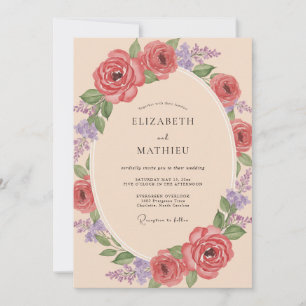 Korallen-Violette Ranunculus-Eukalyptus-Hochzeit Einladung