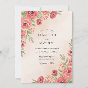 Korallen-Wasserfarben-Botanische-Hochzeit Einladung