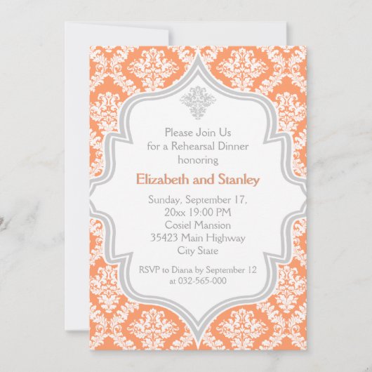 Korallen, weiß, grau Damast Hochzeit Probe Abendes Einladung (Vorderseite)