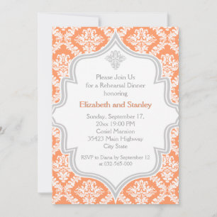 Korallen, weiß, grau Damast Hochzeit Probe Abendes Einladung