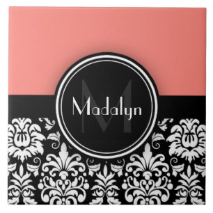 Korallenbeschriftung Schwarz-weiß Damask Monogram Fliese