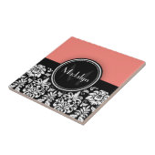 Korallenbeschriftung Schwarz-weiß Damask Monogram Fliese (Seite)