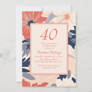Korallenblau Creme Blumen Frauen 40. Geburtstag Einladung