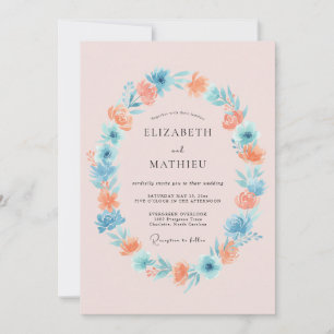 Korallenblaue Blumenwiese Hochzeit Einladung