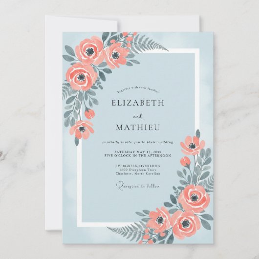 Korallenblaue Hochzeit mit Gemälde-Effekt Einladung (Vorderseite)