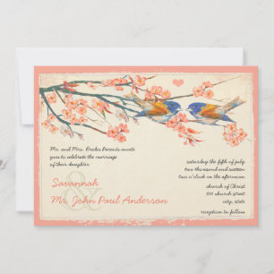Korallenblaue Liebesvogel-Kirschblüten-Hochzeit Einladung