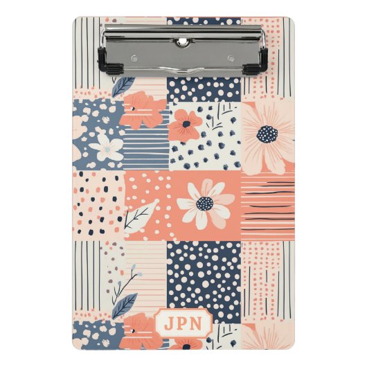 Korallenblaue Navy Florale Patchwork-Quilt-Muster Mini Klemmbrett (Vorderseite)