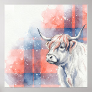 Korallenblaues Tartan-Hochlandkuh-Wasserfarbenplak Poster