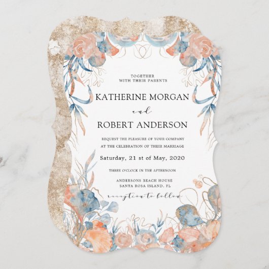 Korallenblauluftige romantische Hochzeit Einladung (Vorne/Hinten)