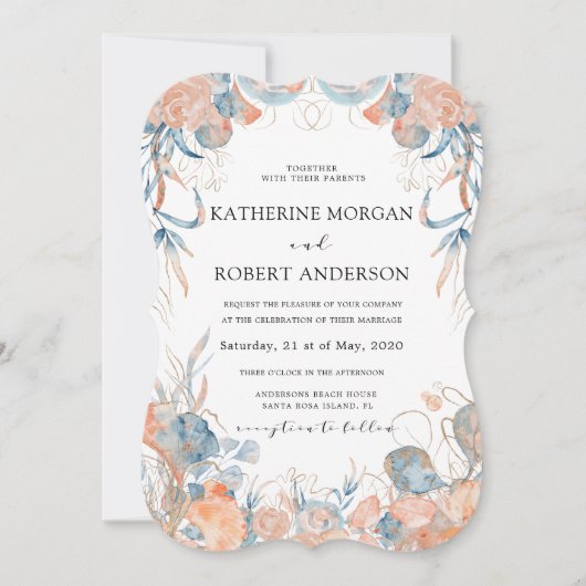 Korallenblauluftige romantische Hochzeit Einladung (Vorderseite)