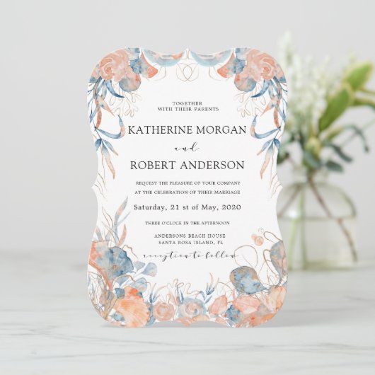 Korallenblauluftige romantische Hochzeit Einladung (Stehend Vorderseite)
