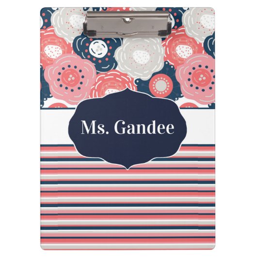Korallenblumen und Streifen Boho Personalisiert Klemmbrett (Vorderseite)