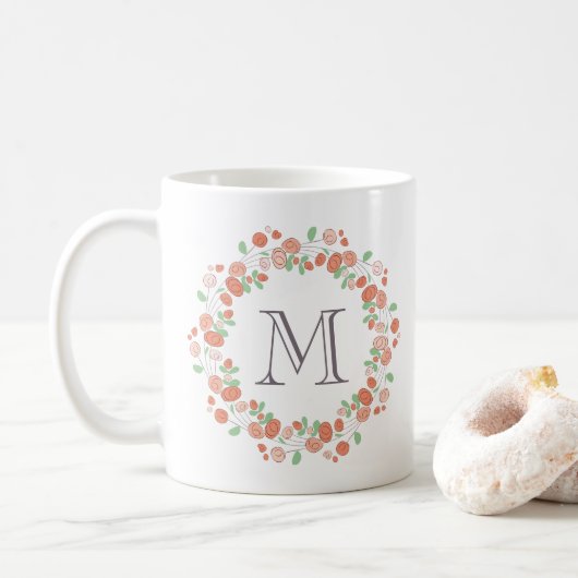 Korallenblumenmonogramm Kaffeetasse (Mit Donut)