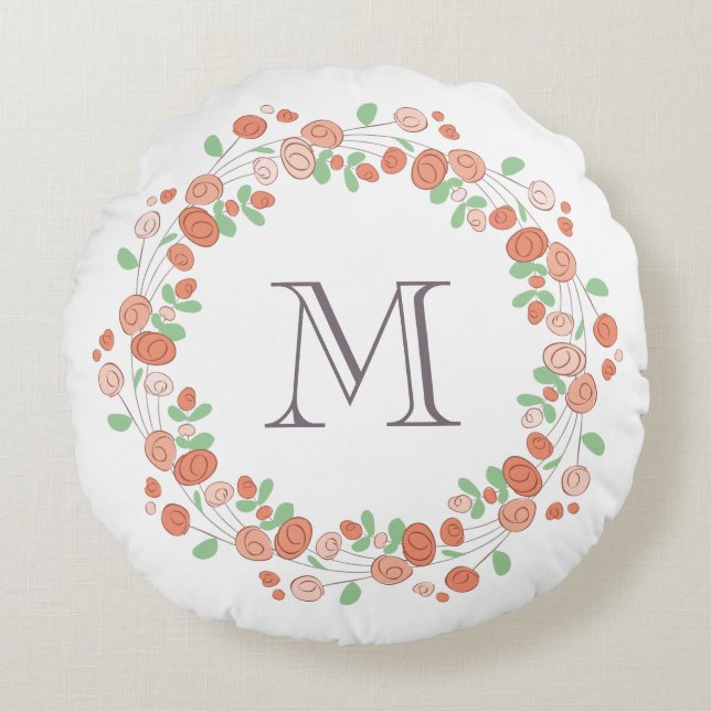 Korallenblumenmonogramm Rundes Kissen (Vorderseite)