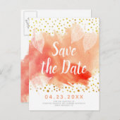 Korallenfarben und Blätter Hochzeit Sichern Sie da Ankündigungspostkarte (Vorne/Hinten)