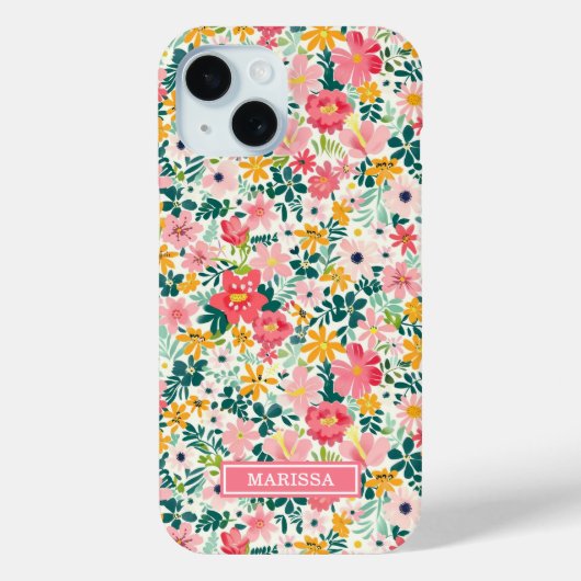 Korallenfarbene Ditsy-Blumen mit Monogramm Case-Mate iPhone Hülle (Rückseite)