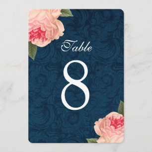 Korallenfarbene Pfingstrosen und marineblaue Tisch Einladung
