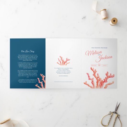 Korallenfarbenkunst Hochzeit Dreifach-gefaltete Programmkarte (Außenbereich)