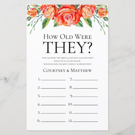 Korallenfloral wie alt waren sie Brautparty Game (Vorderseite)