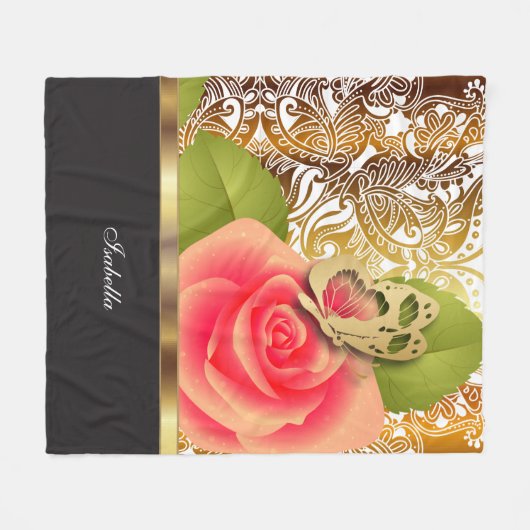 Korallengestaltung Rose Blumenmuster mit DIY Text Fleecedecke (Vorderseite (Horizontal))