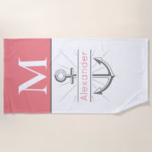 Korallenkoralle Grau-Weißer Anker Nautische Monogr Strandtuch (Vorderseite)