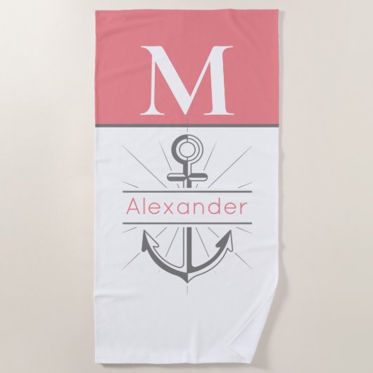 Korallenkoralle Grau-Weißer Anker Nautische Monogr Strandtuch (Vorderseite)