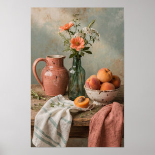 Korallenkrug und Aprikosen auf einem Tisch Poster