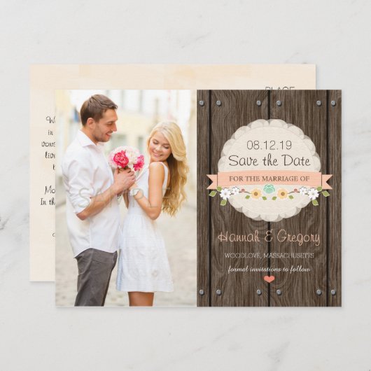 Korallenpfirsich RUSTISCHE BLUMENBOHO Save the Dat Ankündigungspostkarte (Vorne/Hinten)